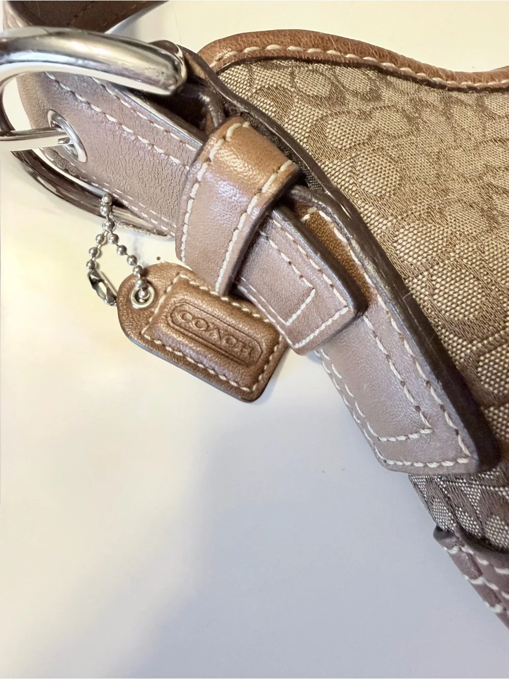 Coach Brown Signature Canvas Shoulder Bag with Leather Trim